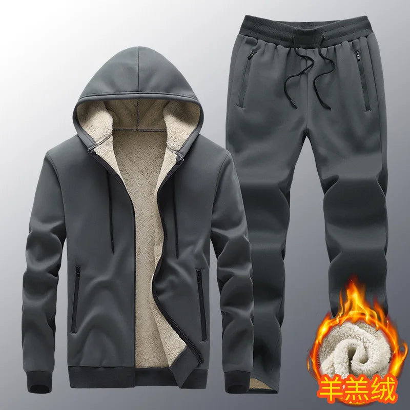 Mens Winter Tech Fleece Tracksuit Set Warm Hooded Sweatshirt and Pants Two Piece