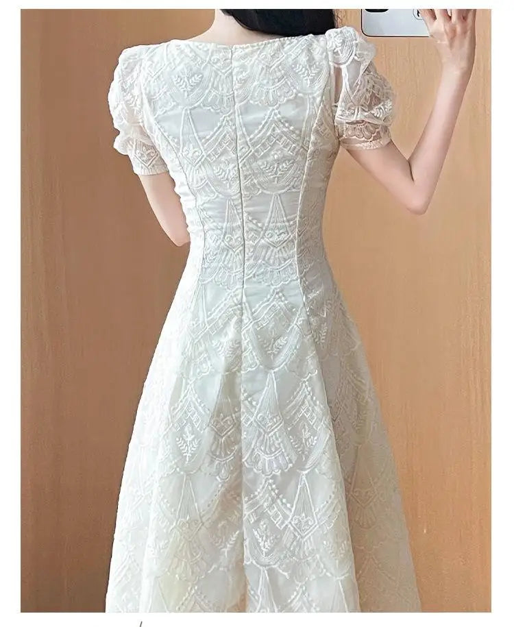 Women's Plus Size A-Line Summer Dress - Lace Hollow Out, Square Neck, Waist Cinched