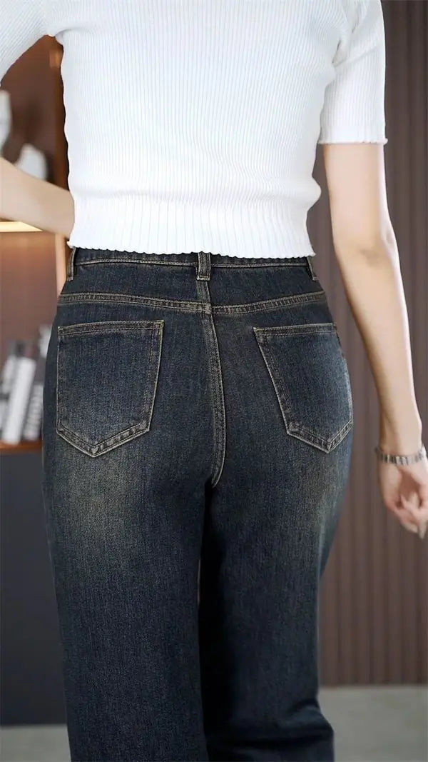 Women's Narrow Straight Leg Jeans  Fall Winter New Plush Lined Thick Korean Retro Relaxed Casual Trousers High Waist Flattering