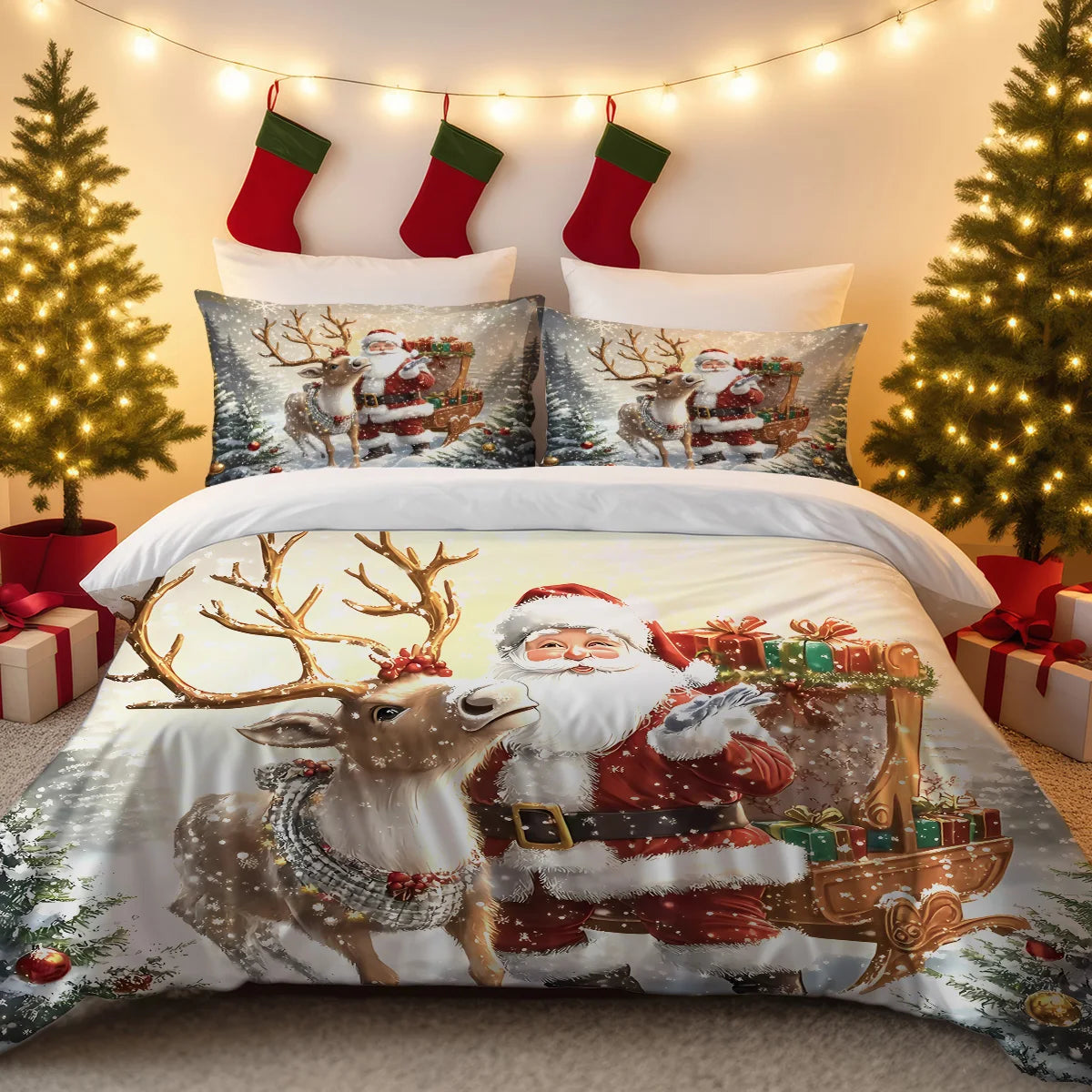 3pcs Santa Claus Printed Bedding Set, Soft and Coreless, Multiple Sizes To Choose From, Machine Washable Christmas Gift - trendingshoping.com