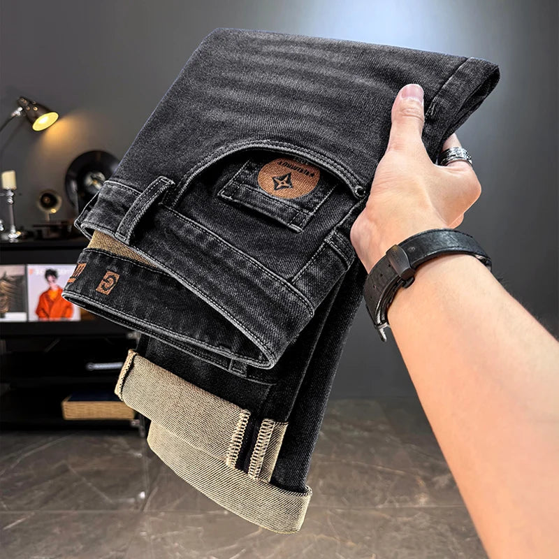 Men's Classic Straight Leg Stretch Jeans - Casual Autumn Winter Denim Trousers