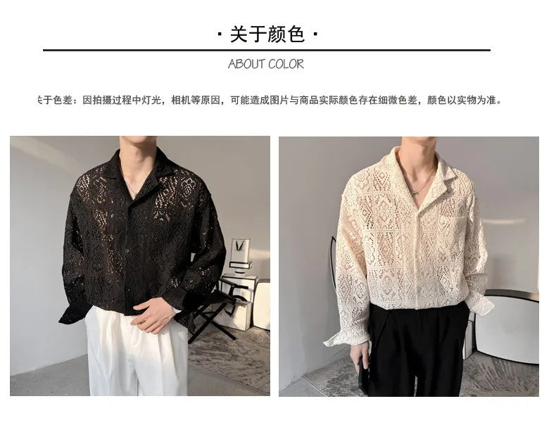 Fashion Hollow Out Shirts for Men Transparent Mesh Lace Long Sleeve Shirts Retro Elegant Breathable Tops Male Streetwear Popular