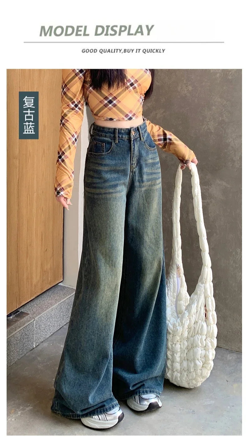 Womens Jeans Denim Pants 2025 Euramerican High Waist Girl Style Colorful Straight Leg Wide Leg Trousers
