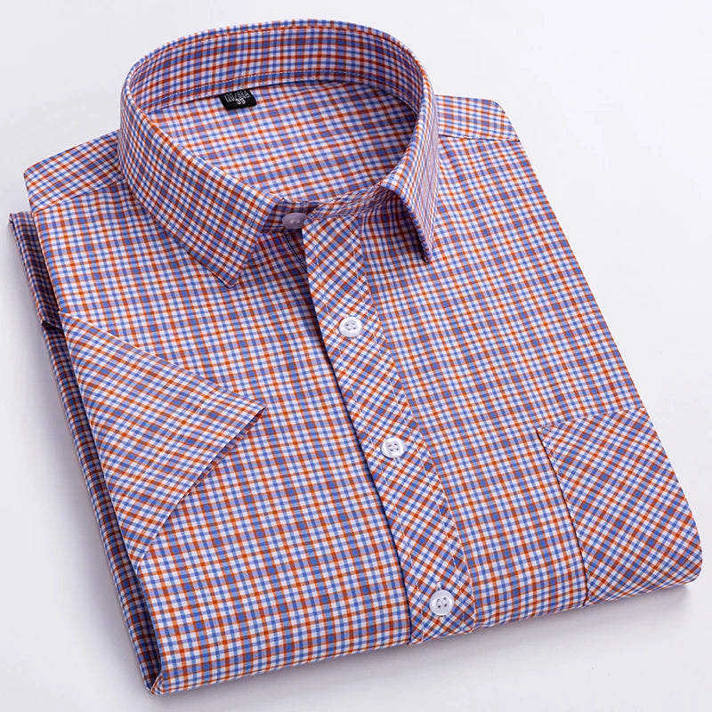 Men's Casual Cotton Plaid Shirt – Short Sleeve Summer Shirt, Elegant Business & Smart Dress Shirt, England Fashion Top