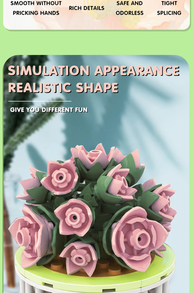 Bouquet Moc Block Flower Succulents Bonsai Potted Building Blocks Romantic Kit Assembly Bricks Toys For Kids Girl Christmas Gift - trendingshoping.com