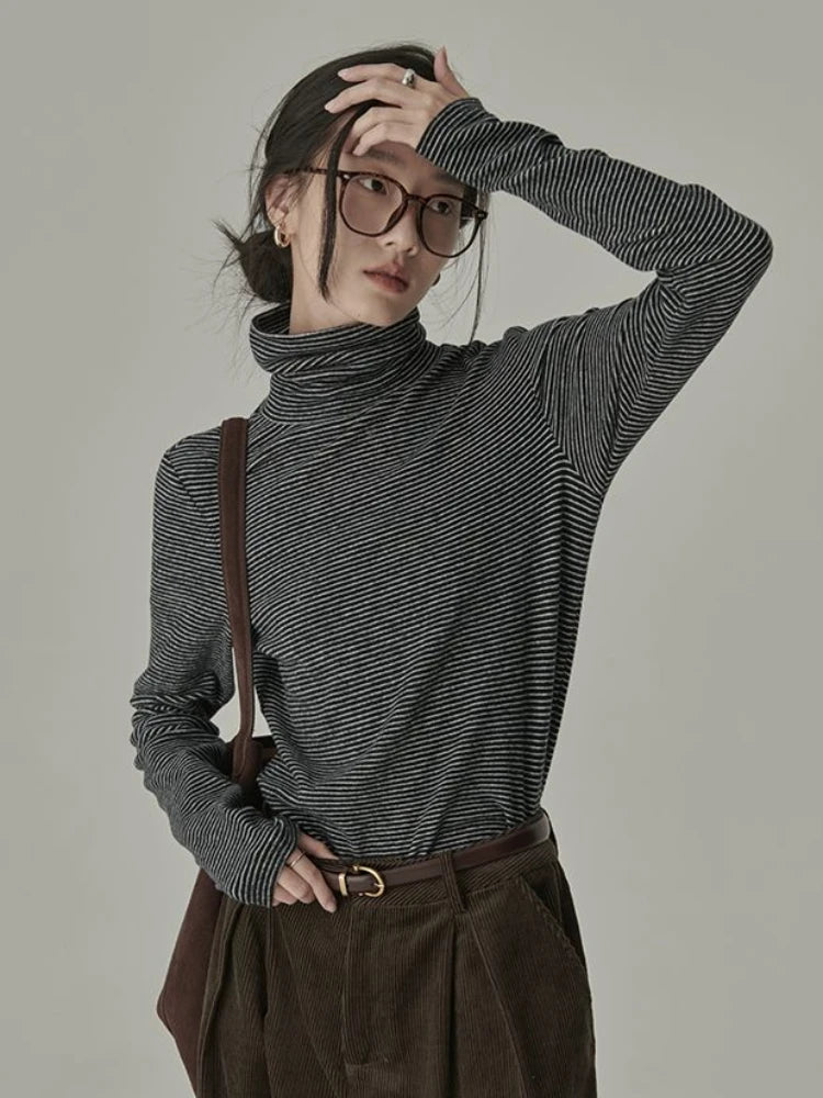Striped T-shirts Women Spring Cozy Long Sleeved All-match Daily Elegant Classic Turtleneck Tops Hot Sales Korean Style Clothing