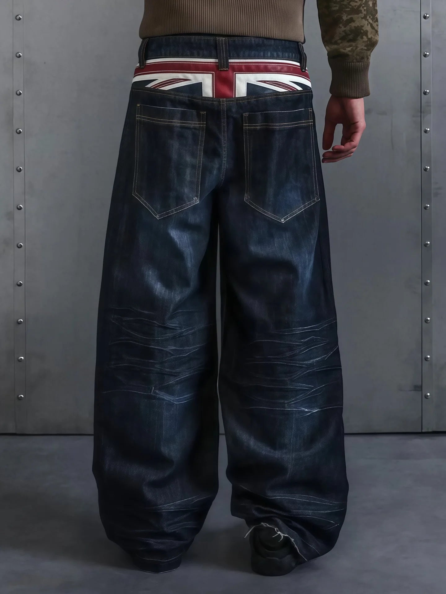 Britain Harajuku Fashion Print Men Jeans Vintage Trend Loose Oversized Hip Hop Wide Pants