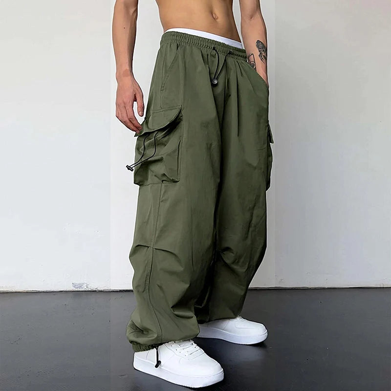 Men’s Streetwear Cargo Pants - Wide-Leg Loose Fit Trousers with Drawstring