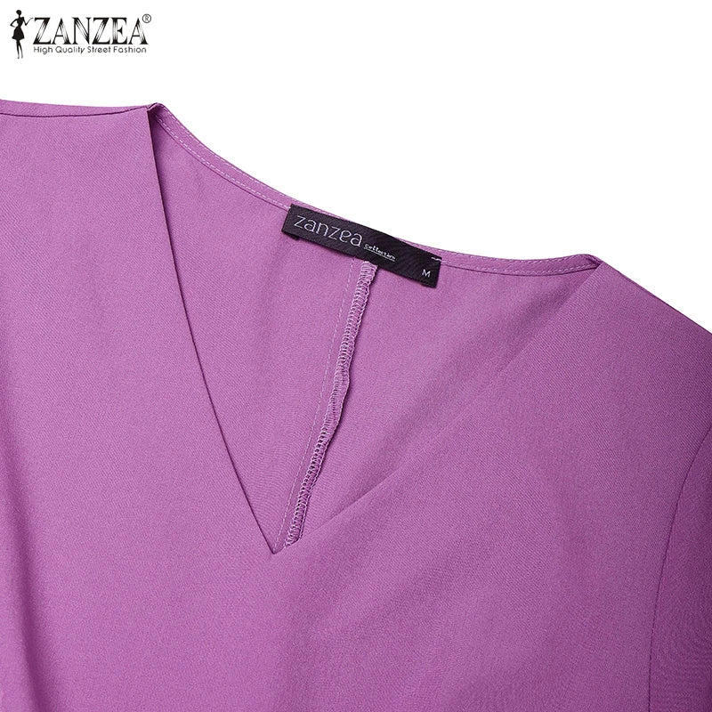 Elegant V Neck Office Work Dresses ZANZEA Women 2025 Summer Dress Solid Pleated Sundress Short Sleeve A Line Party Vestidos Robe