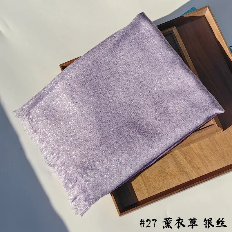 Lastest Brand Design Scarf Shiny Solid Color Shawls Rayon Fabric Gold Silk Silver Wire Head Shawl Fringe Hijab For Women