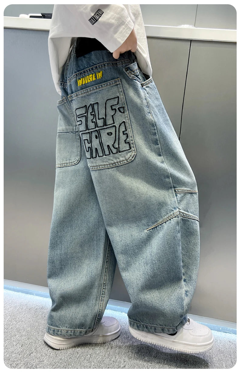 Kids Straight Wide Leg Workwear Jeans Casual Pants