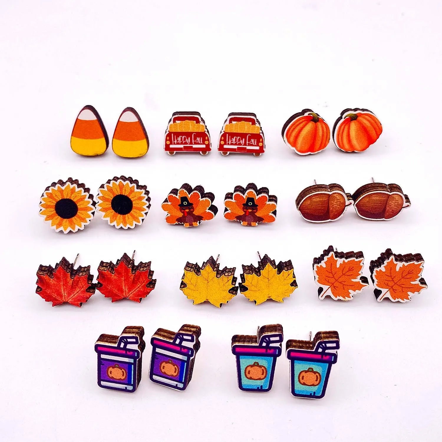 New Autumn Thanksgiving Ear Studs Maple Leaf  Pumpkin Turkey Sunflowe Dwarf Wooden Earrings Jewelry Thanksgiving Festival Gift