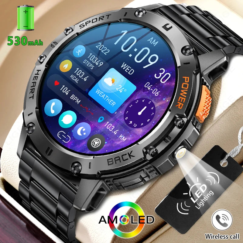 AMOLED Smart Watch for Men – Waterproof Sports Fitness Tracker with Flashlight & Bluetooth Call + Box