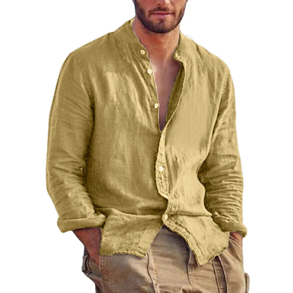 Men’s Linen Long Sleeve Shirt Solid Color Stand Collar Casual Lightweight Breathable Top
