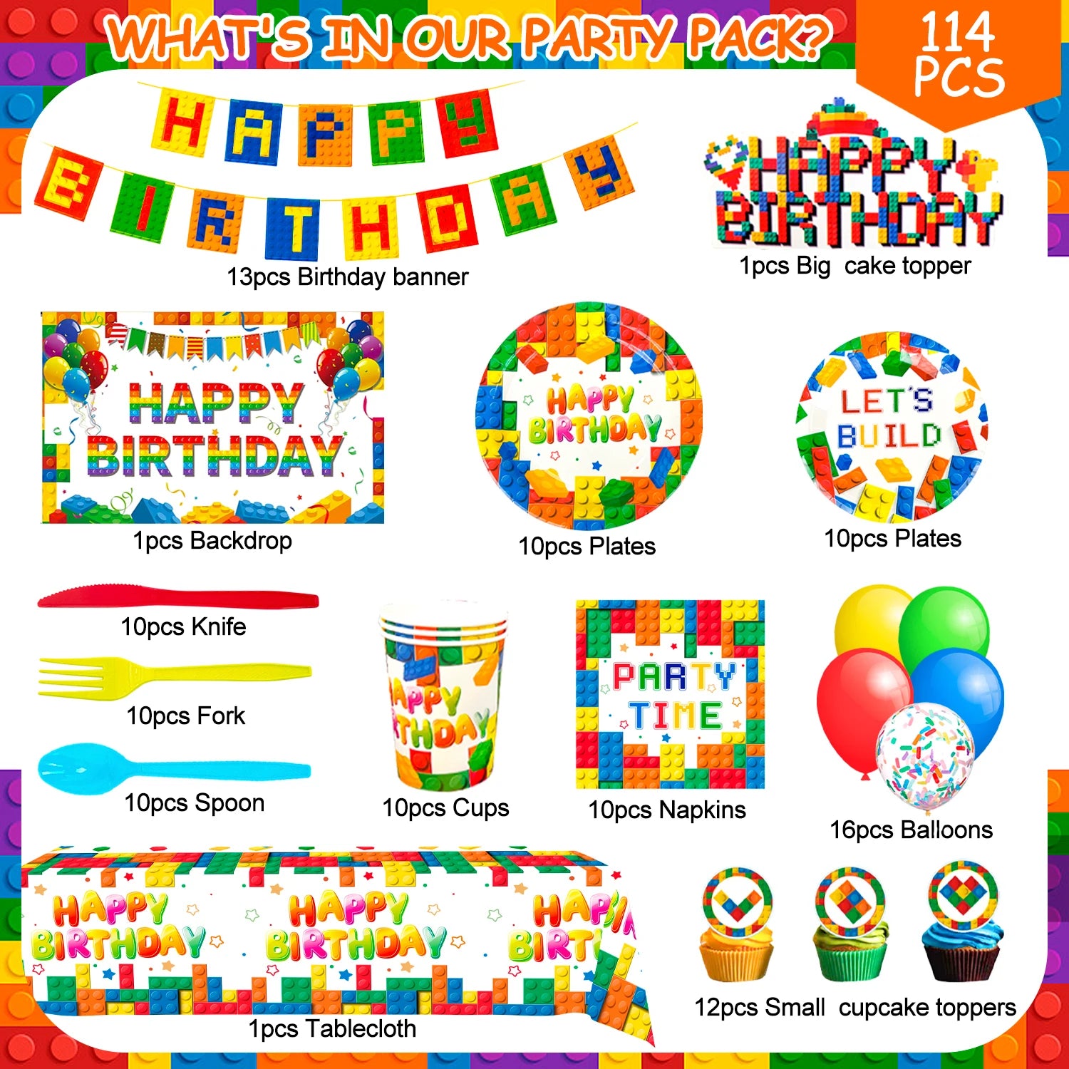Building Blocks Birthday Party Supplies,114pcs Party Decorations&Building Blocks Tableware Set-Party Plates Napkins Backdrop etc - trendingshoping.com