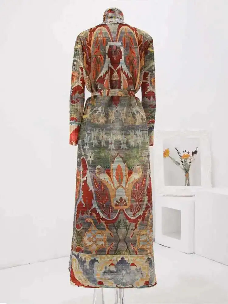 LANMREM Fashion Designer Print Pleated Windbreaker Women Scraf Collar Belt Gathered Waist Contrast Color 2024 New Coat 32C1261 - trendingshoping.com