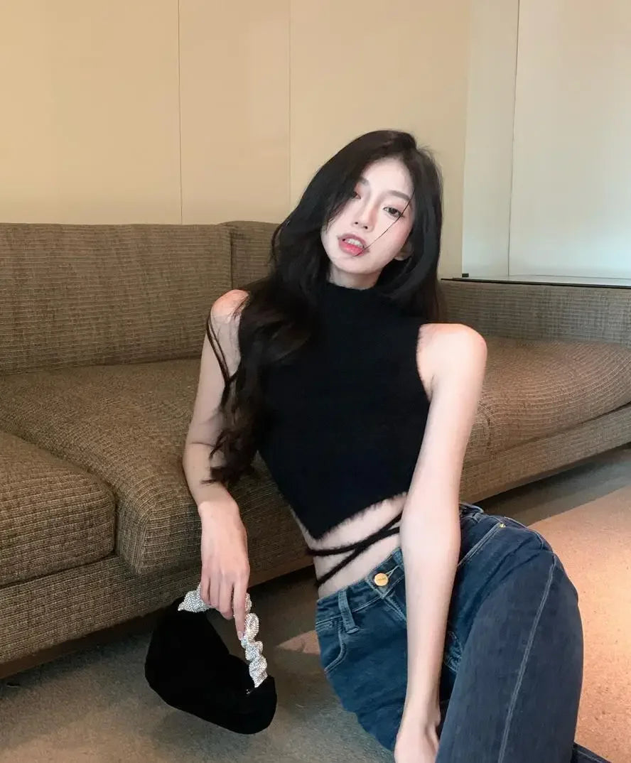 Women Knit Halter Crop Top Furry Lace Up Sleeveless