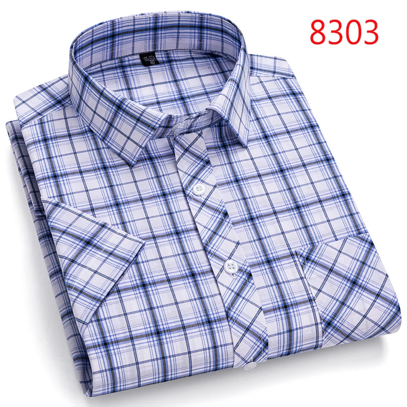 Men's Casual Cotton Plaid Shirt – Short Sleeve Summer Shirt, Elegant Business & Smart Dress Shirt, England Fashion Top
