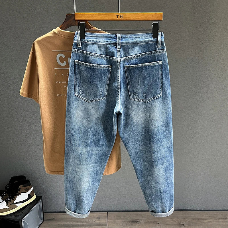 Ripped Jeans Men New Personality Fashion Vintage Blue Streetwear Baggy Denim Pants Casual Tapered Hole Frayed Trousers Male
