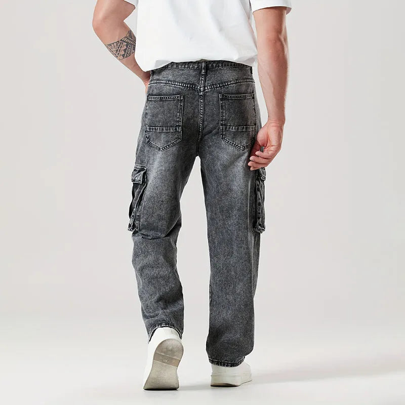 Mens Loose Straight Leg Jeans Large Pocket Casual Work Pants
