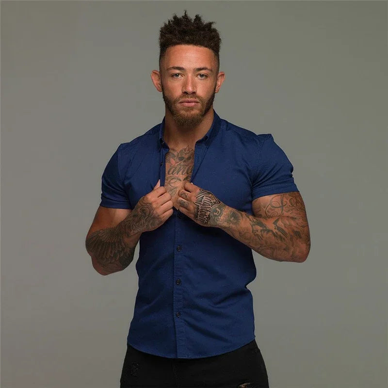Men’s Summer Short Sleeve Slim Fit Solid Dress Shirt Business Casual Top