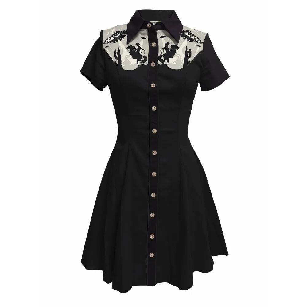 Western Vintage Flower Printed Western Cowboy Dress Women Button-down Dress Short Sleeves 100% Cotton Dress Summer Streetwear