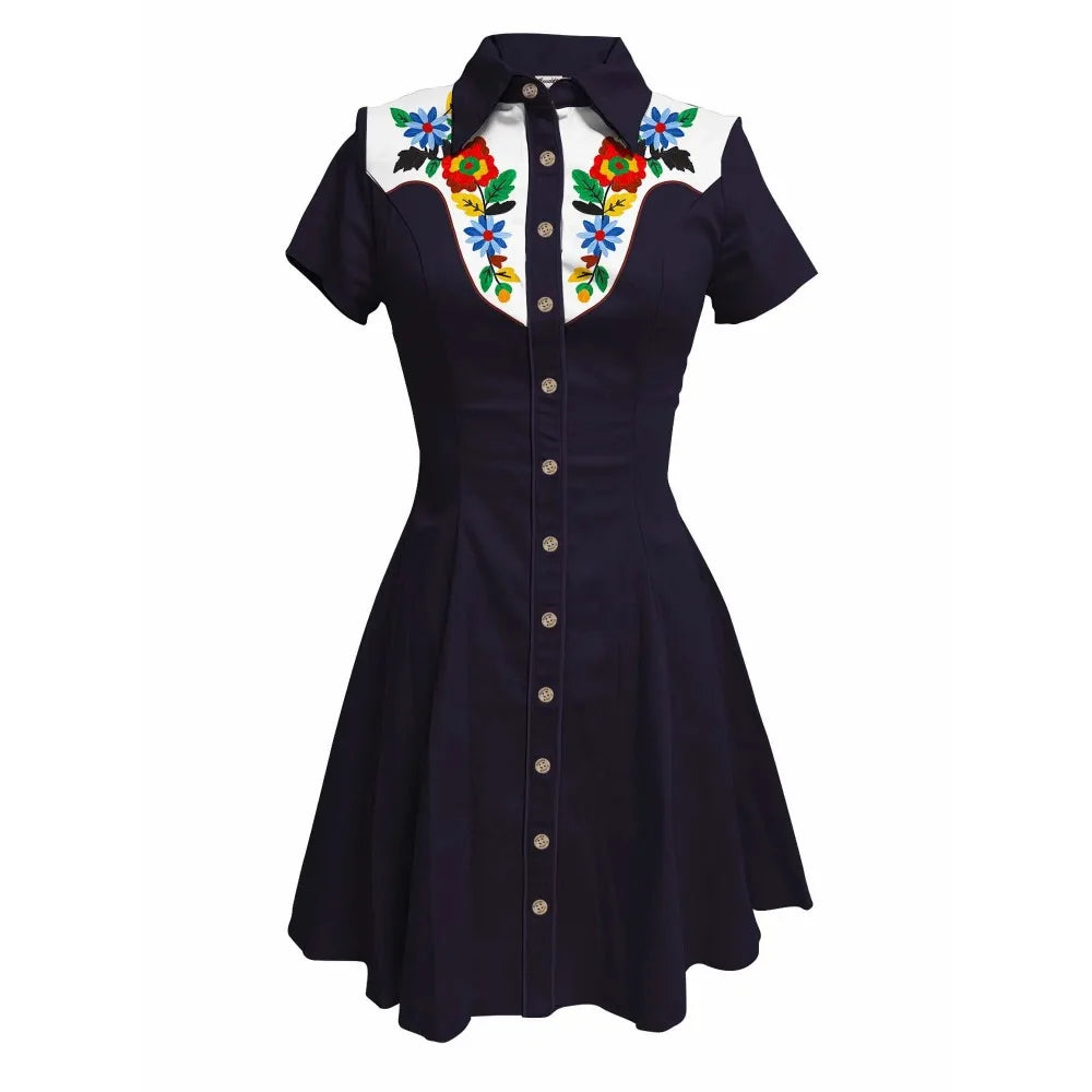 Western Vintage Flower Printed Western Cowboy Dress Women Button-down Dress Short Sleeves 100% Cotton Dress Summer Streetwear