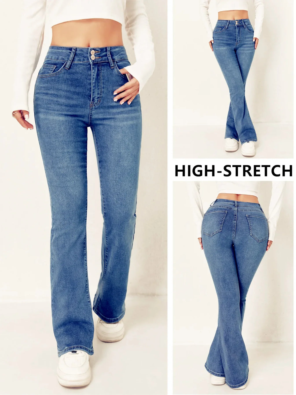 2026 Women's Jeans High Waisted Double Button Elastic Slightly Flared American Style Casual Versatile Washed Denim Trousers