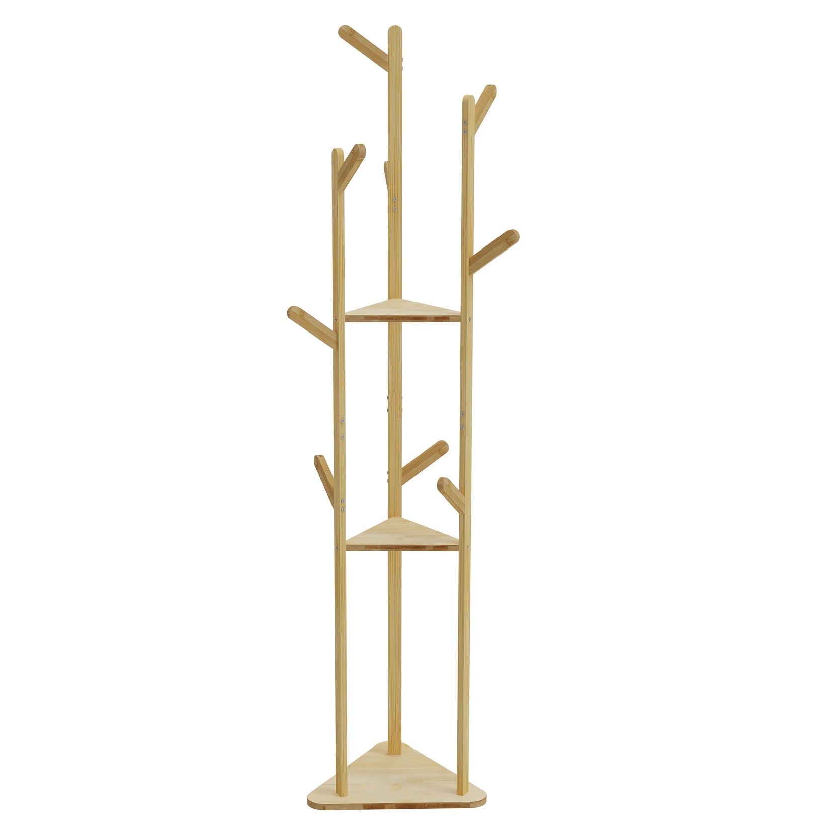 Bamboo Corner Tree Coat Rack Stand  Clothes Hanger with Hooks and Shelves - trendingshoping.com