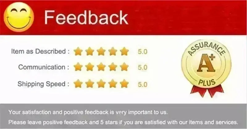 Feedback graphic with smiley face and 5-star ratings for item description, communication, and shipping speed.