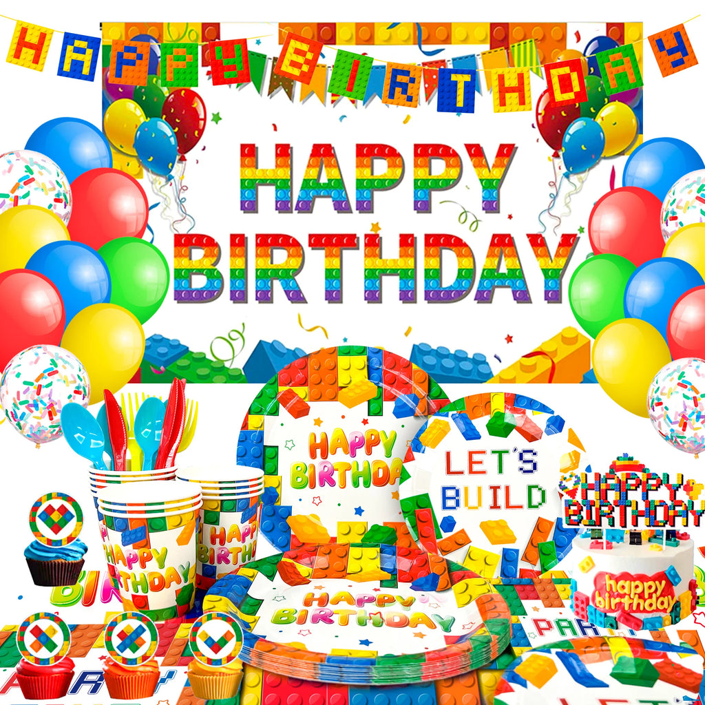 Building Blocks Birthday Party Supplies,114pcs Party Decorations&Building Blocks Tableware Set-Party Plates Napkins Backdrop etc - trendingshoping.com