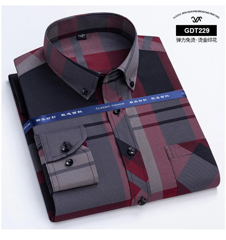 Men's Slim Fit Dress Shirt Non Iron Anti Wrinkle Plaid Business Casual Long Sleeve