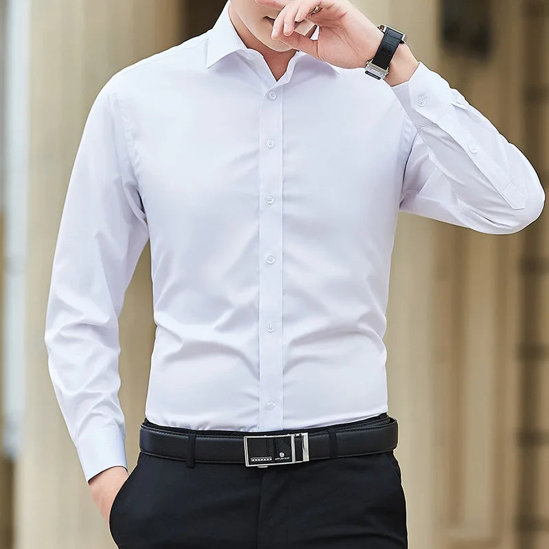 Men’s Solid Color Slim Fit Long Sleeve Business Casual Formal Shirt No Iron