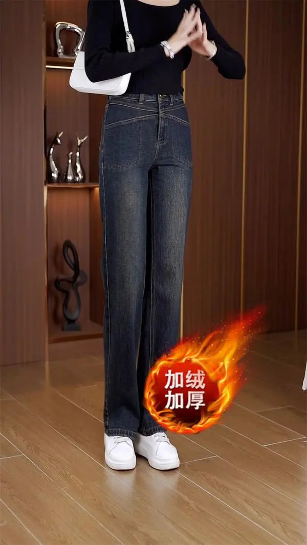 Women's Narrow Straight Leg Jeans  Fall Winter New Plush Lined Thick Korean Retro Relaxed Casual Trousers High Waist Flattering