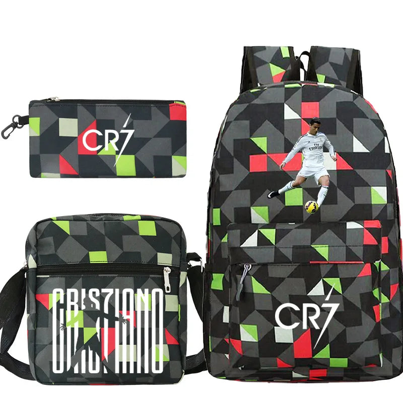 cr7 3-Piece Sport Athletic Backpack Set - Lightweight School Bag with Laptop Sleeve & Matching Pouches - Teens Travel Mochila