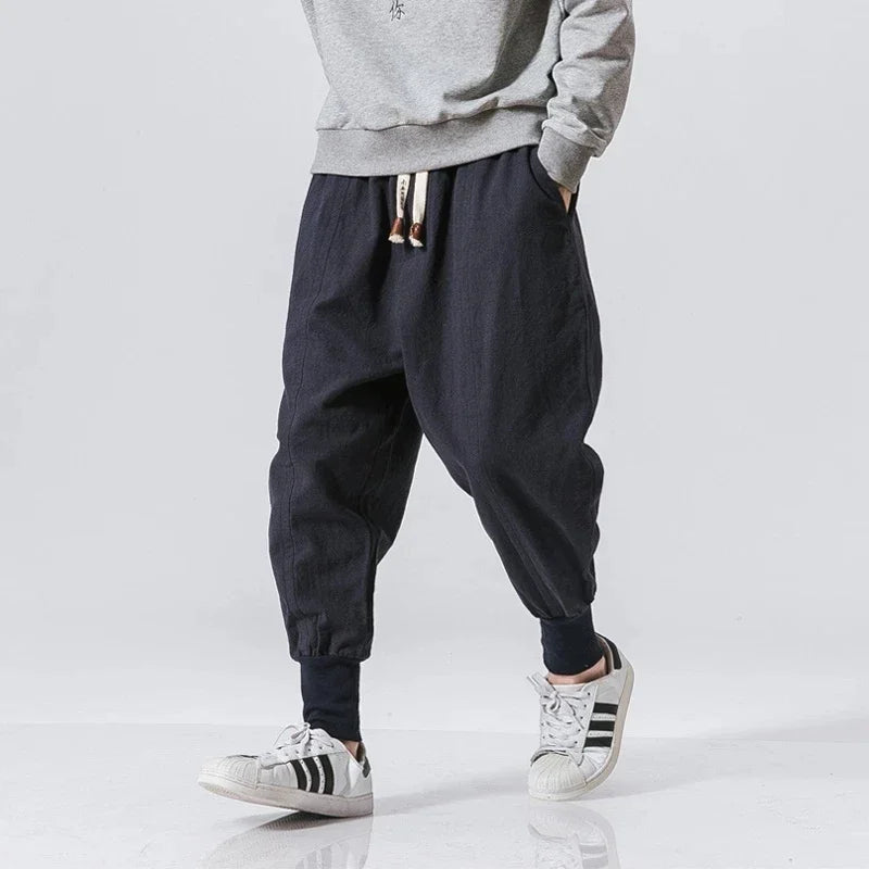 Men’s Cotton Linen Harem Pants - Baggy Drop-Crotch Streetwear Joggers