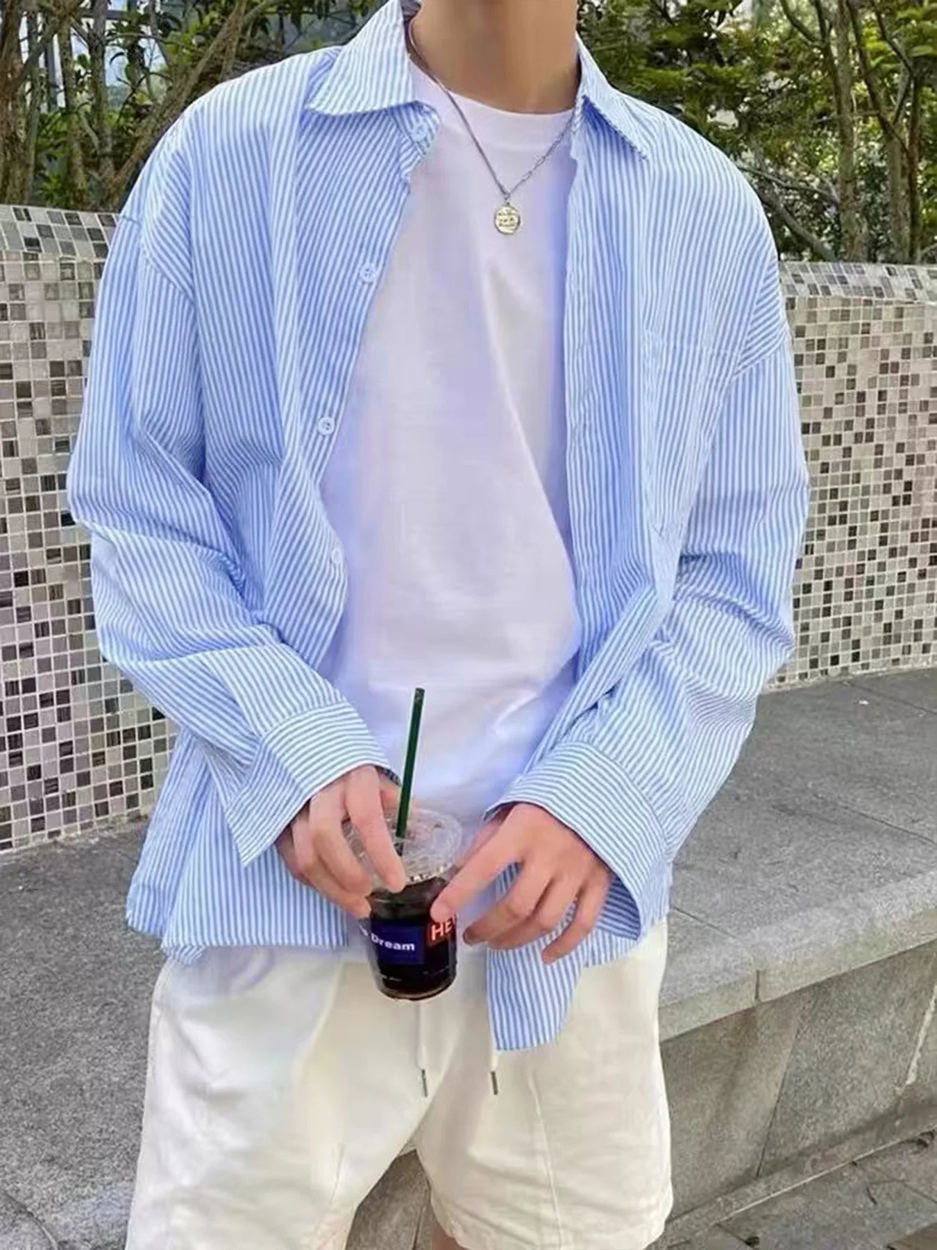 Men's Slim Fit Striped Long-Sleeve Shirt - Korean Style Casual Button-Down