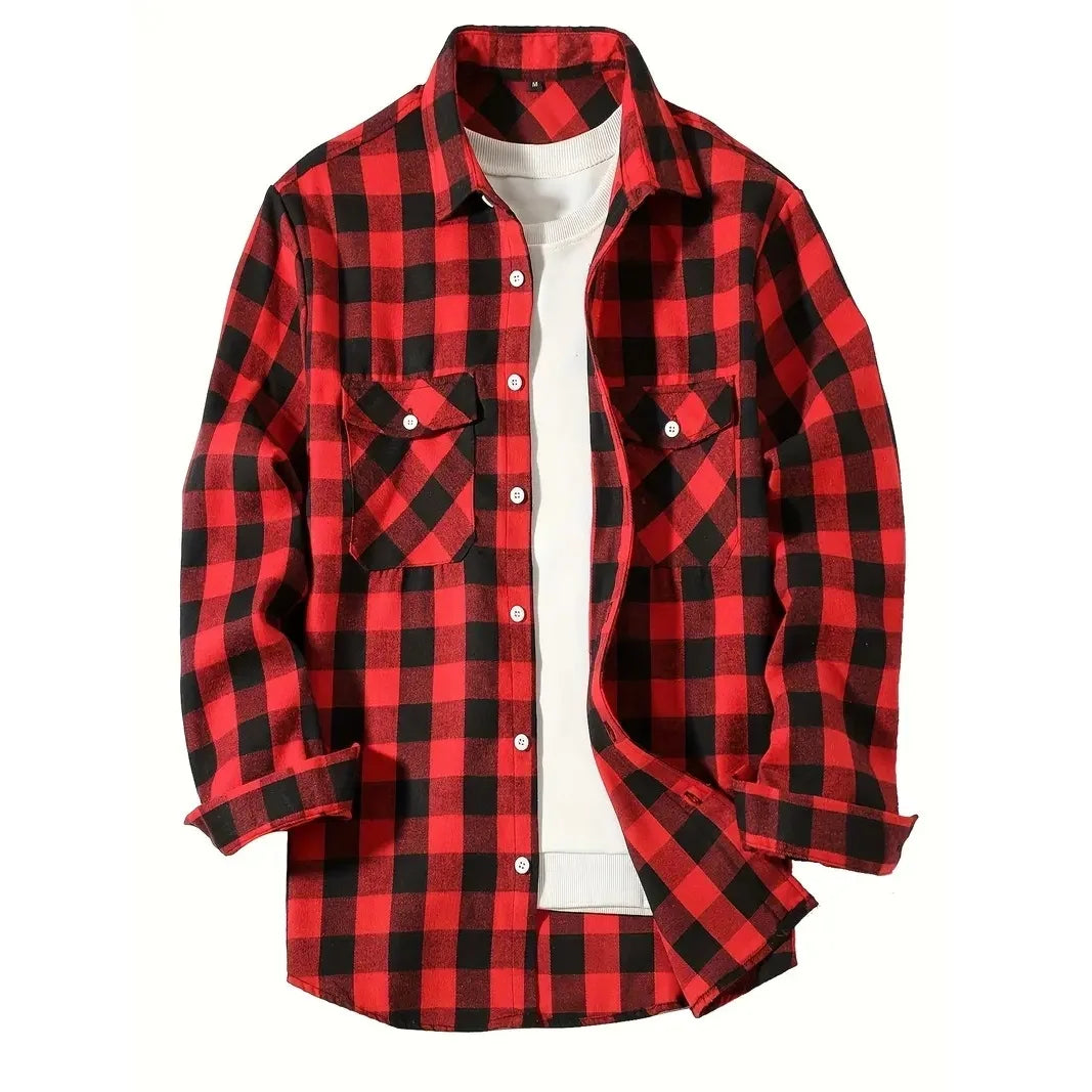 Men's Plaid Flannel Shirt – Long Sleeve Smart Casual Top with Two Chest Pockets, Spring & Autumn Style