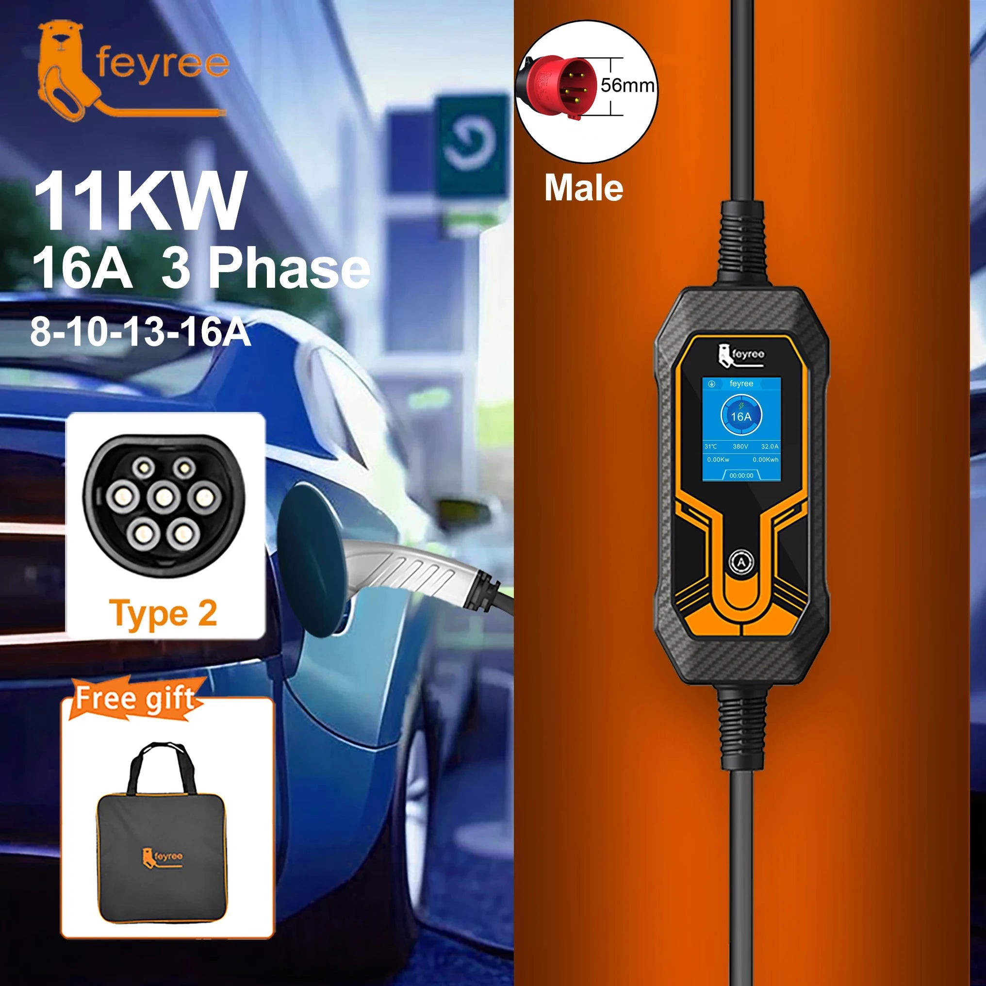 feyree 11KW 16A 3P Type2 EV Portable Charger EVSE Charging Box Electric Car Charger CEE Plug IEC62196-2 Electric Vehicle Charger - trendingshoping.com