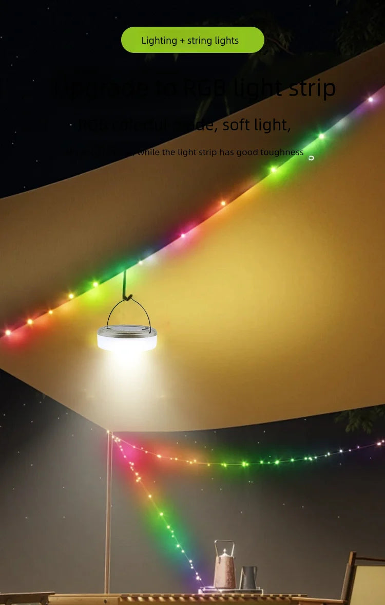 Solar Outdoor Camping Light 10 Meter String Light RGB LED Tent Atmosphere Light With Hook