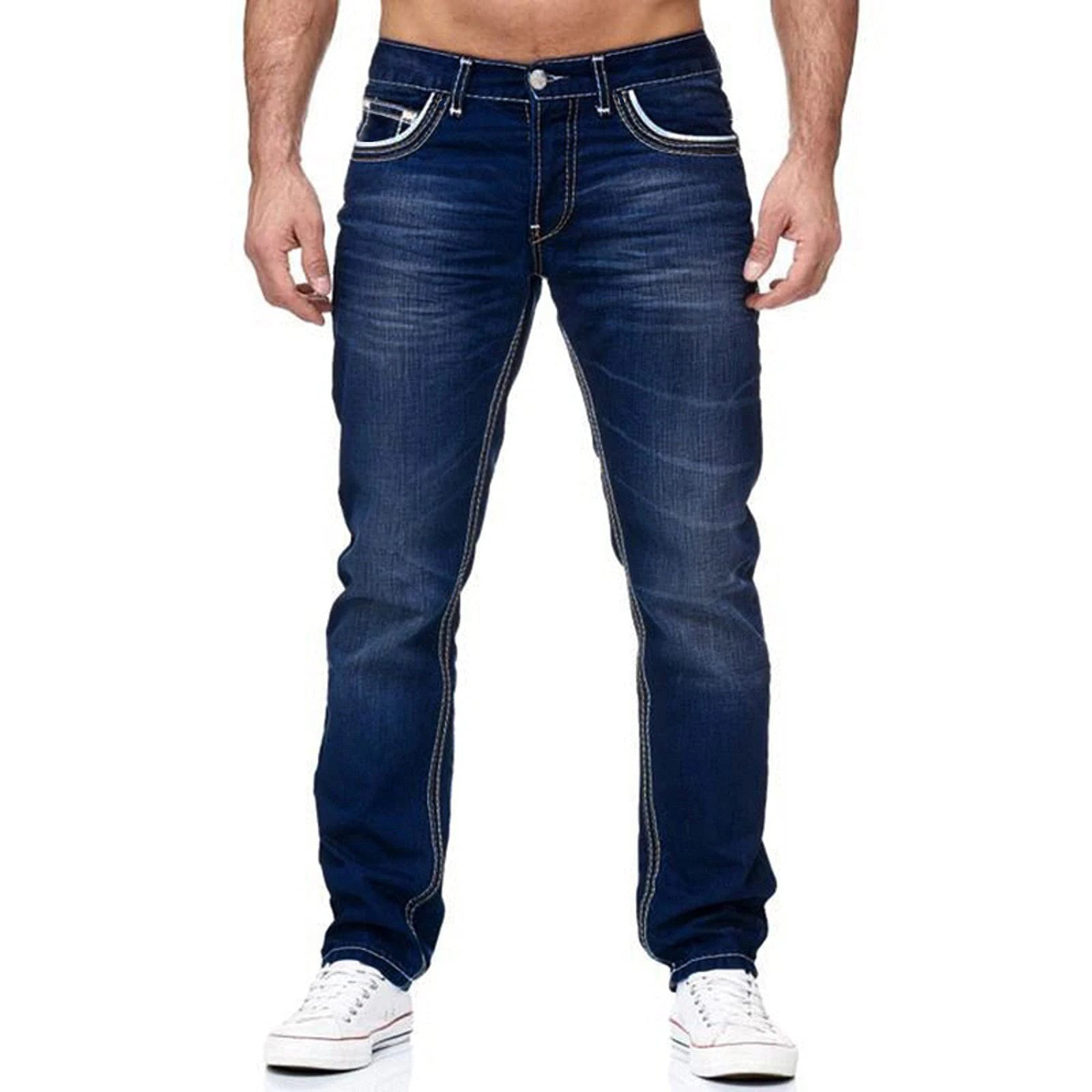 Men's Straight Leg Loose Jeans - Washed Denim Streetwear Trousers, Blue