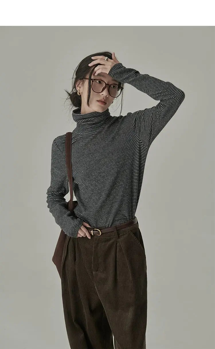 Striped T-shirts Women Spring Cozy Long Sleeved All-match Daily Elegant Classic Turtleneck Tops Hot Sales Korean Style Clothing