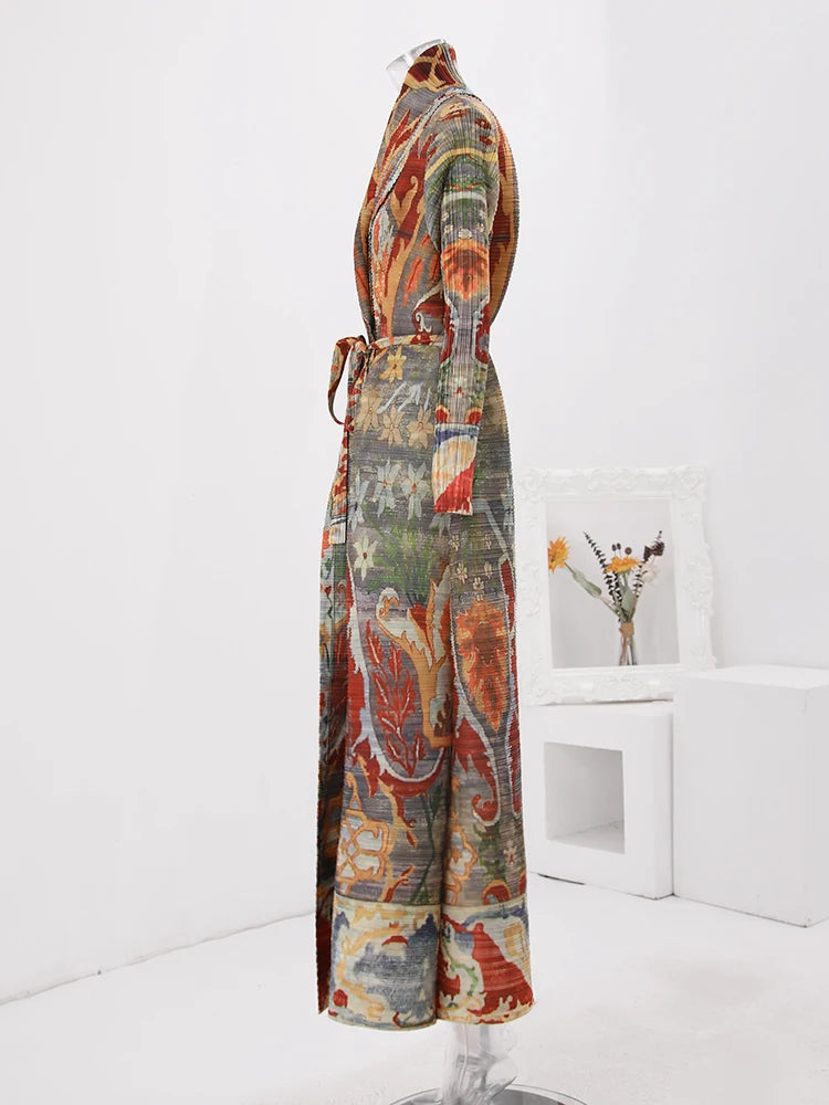 LANMREM Fashion Designer Print Pleated Windbreaker Women Scraf Collar Belt Gathered Waist Contrast Color 2024 New Coat 32C1261 - trendingshoping.com