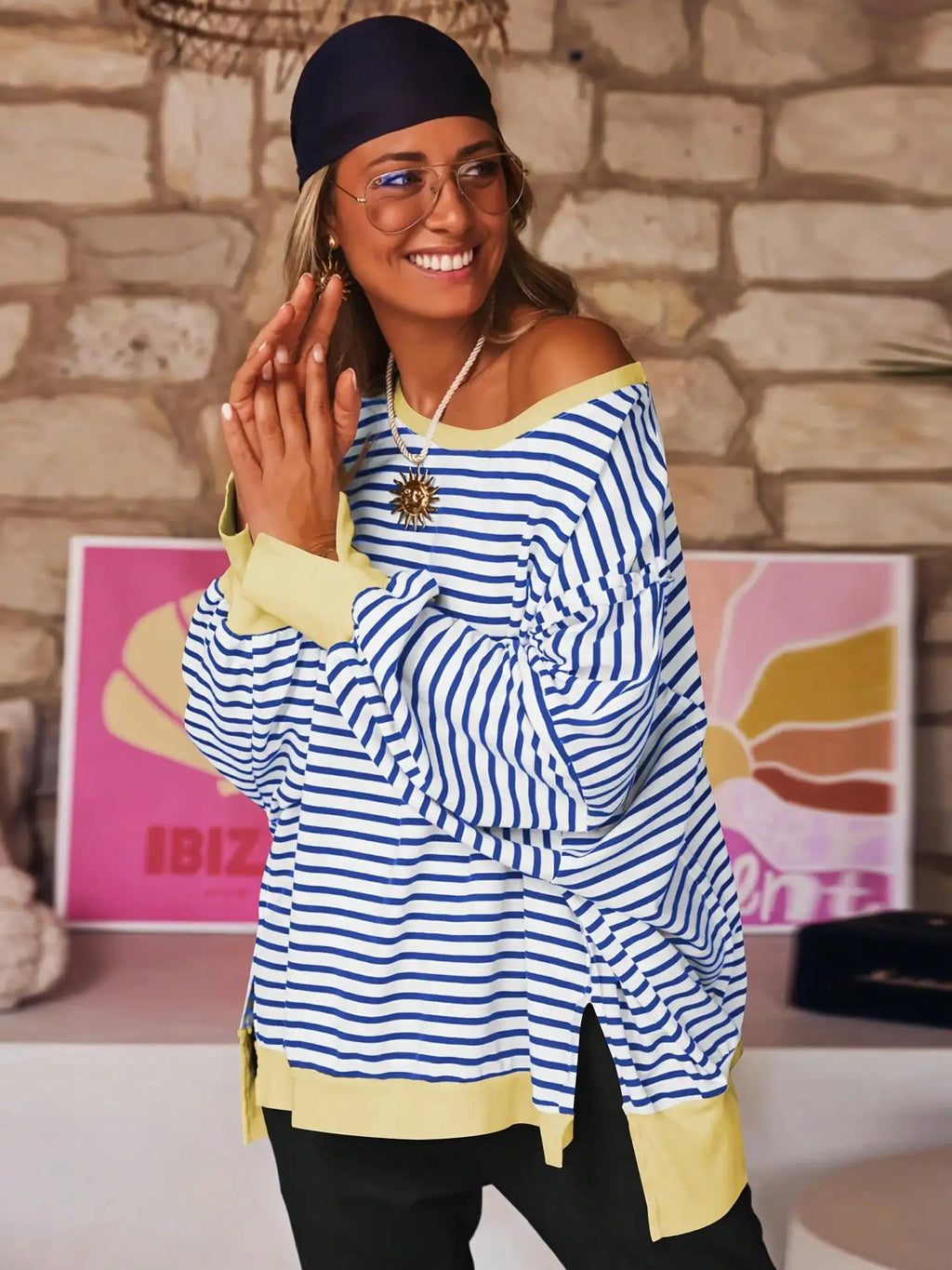 Women Spring Autumn Long Sleeve Loose Tops Crew Neck Striped Side Slits Shirt Casual Pullover Sweatshirt Tops