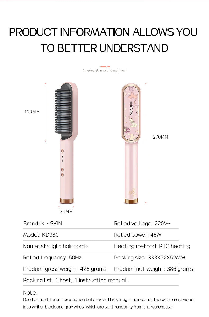 KSKIN 2-in-1 Hair Straightener Brush - Ionic Ceramic Hair Flat Iron Comb,Pink