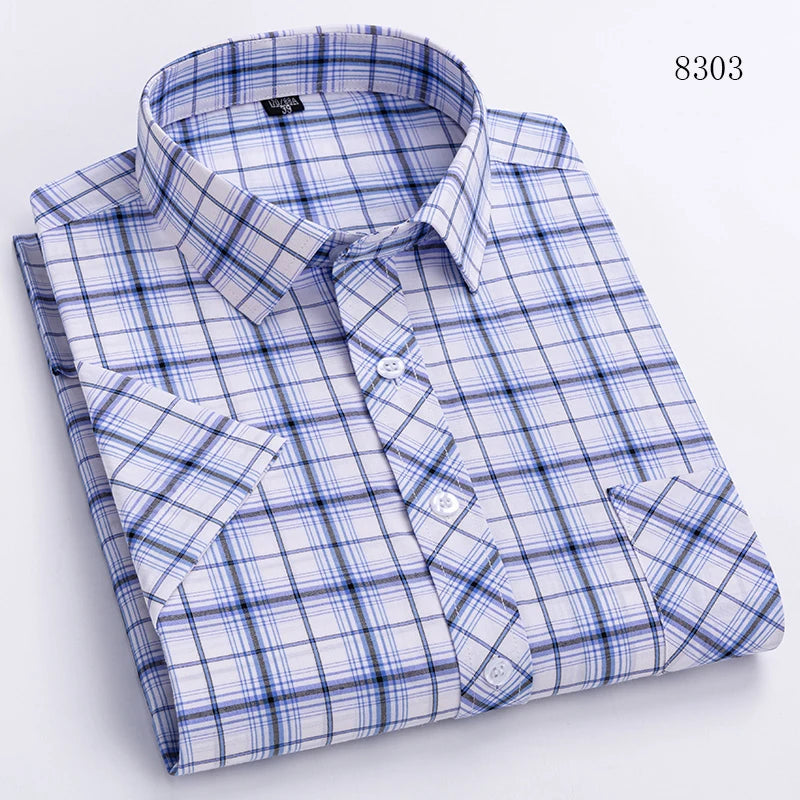 Men's Casual Cotton Plaid Shirt – Short Sleeve Summer Shirt, Elegant Business & Smart Dress Shirt, England Fashion Top