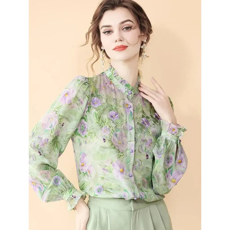 Fashion for Women Spring and Autumn New Korean Floral Tops French Fungus Collar Outer Shirts