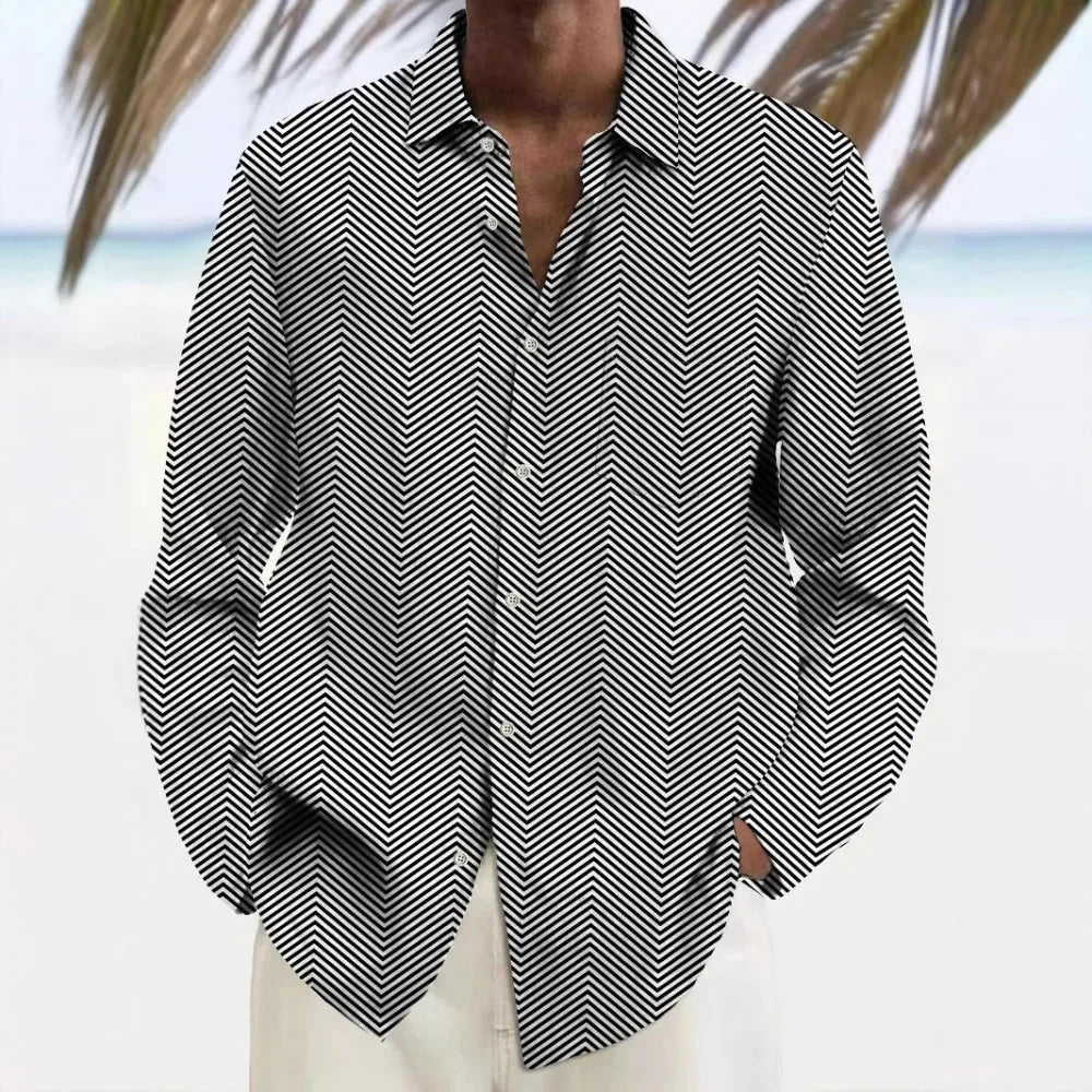 Men’s Hawaiian Button-Up Shirt Printed Stripe Long Sleeve Casual Shirt