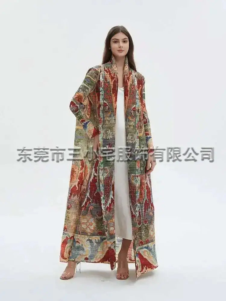 LANMREM Fashion Designer Print Pleated Windbreaker Women Scraf Collar Belt Gathered Waist Contrast Color 2024 New Coat 32C1261 - trendingshoping.com