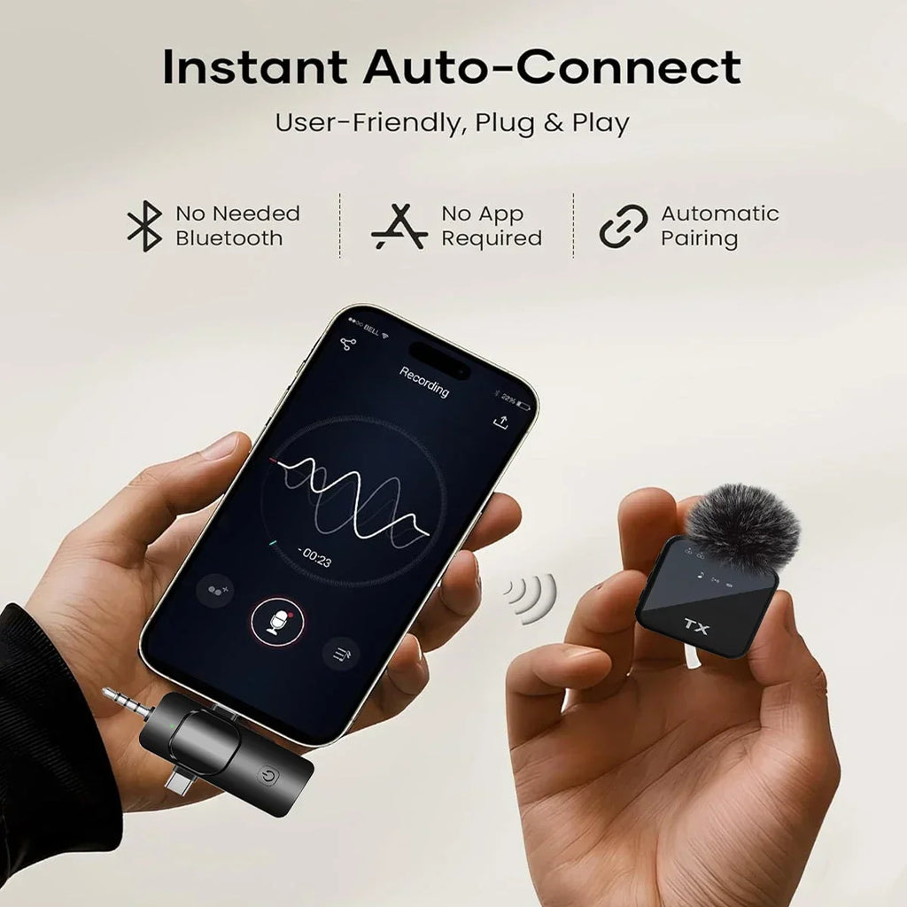 Wireless lavalier microphone for iPhone, camera, Android, reverb video recording, podcast noise reduction clip on microphone